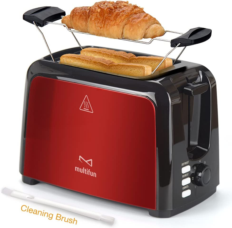 2 Slice Toaster,  Stainless Steel Toaster with Warm Rack, Removable Crumb Tray, 7 Bread Shade Settings, Reheat/Cancel/Defrost Function, Extra Wide Slot for Bagels, Waffle UL Certified -Red