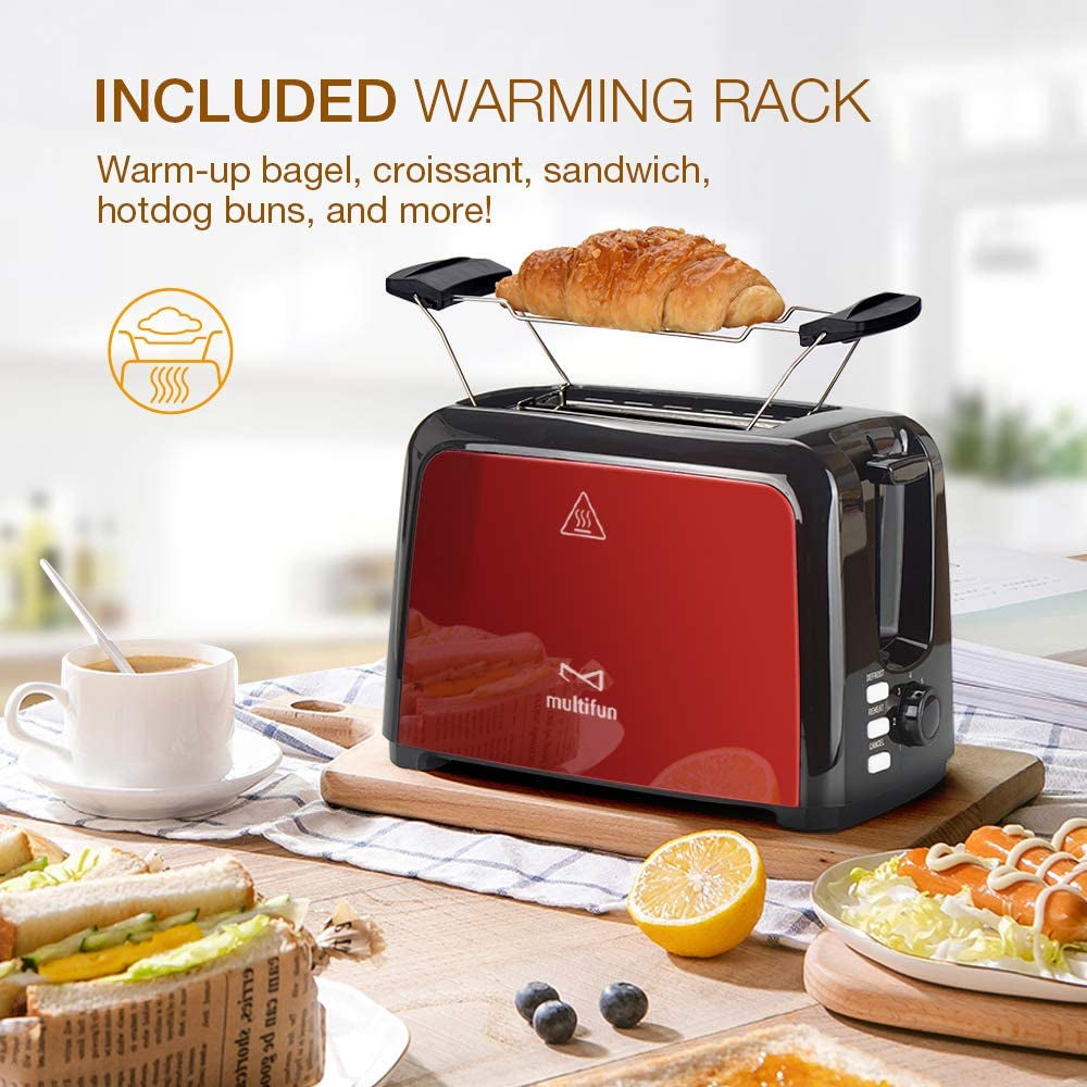 2 Slice Toaster,  Stainless Steel Toaster with Warm Rack, Removable Crumb Tray, 7 Bread Shade Settings, Reheat/Cancel/Defrost Function, Extra Wide Slot for Bagels, Waffle UL Certified -Red