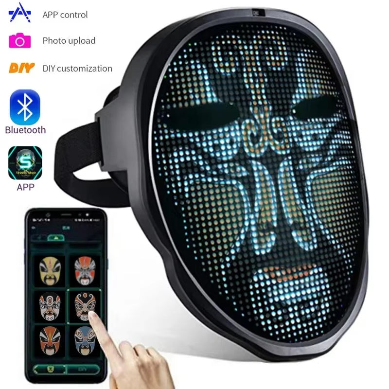 Programmable Bluetooth LED Face Mask - Customizable Light-Up Carnival Mask for Halloween & Events