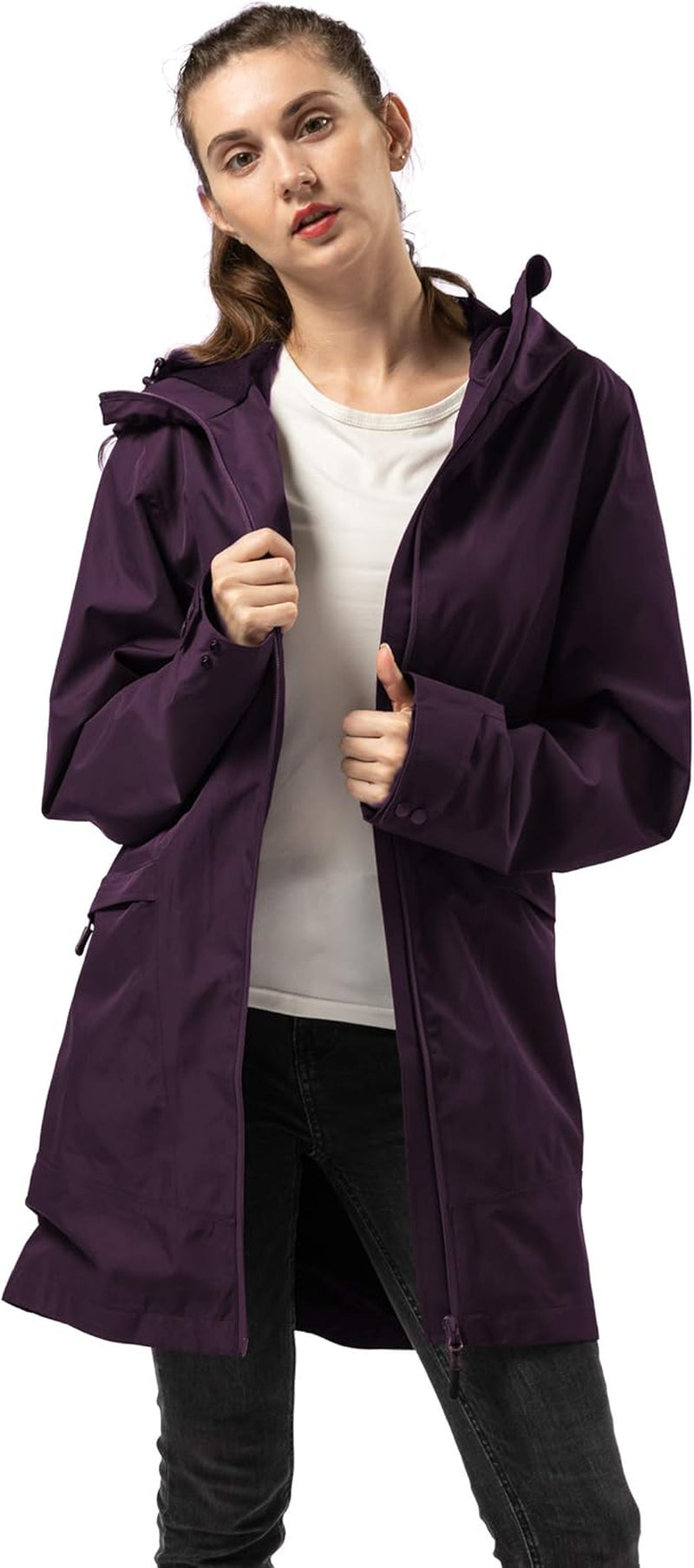 Rain Jacket for Women Waterproof Lightweight Rain Coat Breathable Outdoor Hooded Trench (Purple,M)