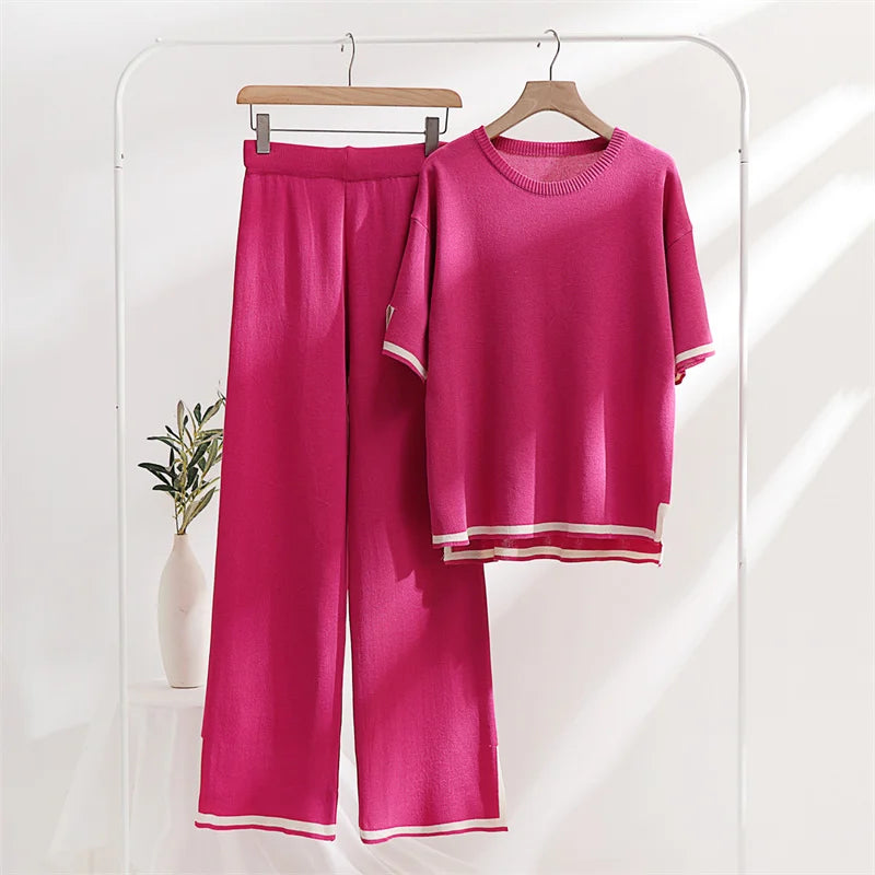 2 Piece Pajama Sets Women Loungewear Knit Summer Two Piece Set Women Casual Slit Short Sleeve Knitted Two Piece Sets Women 2024