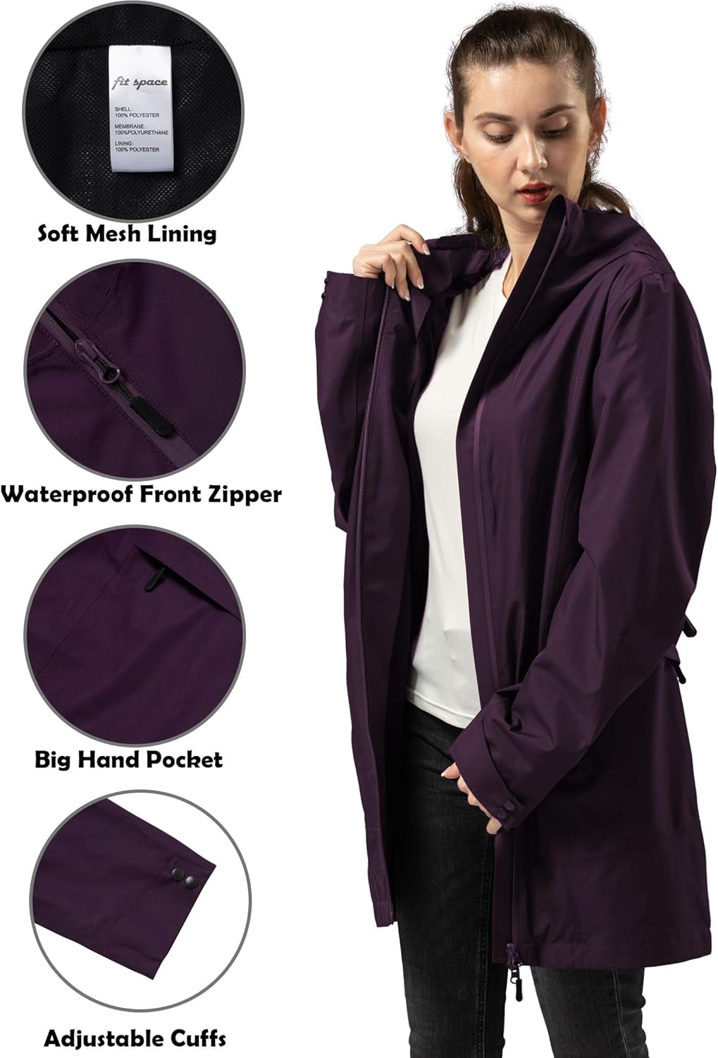 Rain Jacket for Women Waterproof Lightweight Rain Coat Breathable Outdoor Hooded Trench (Purple,M)